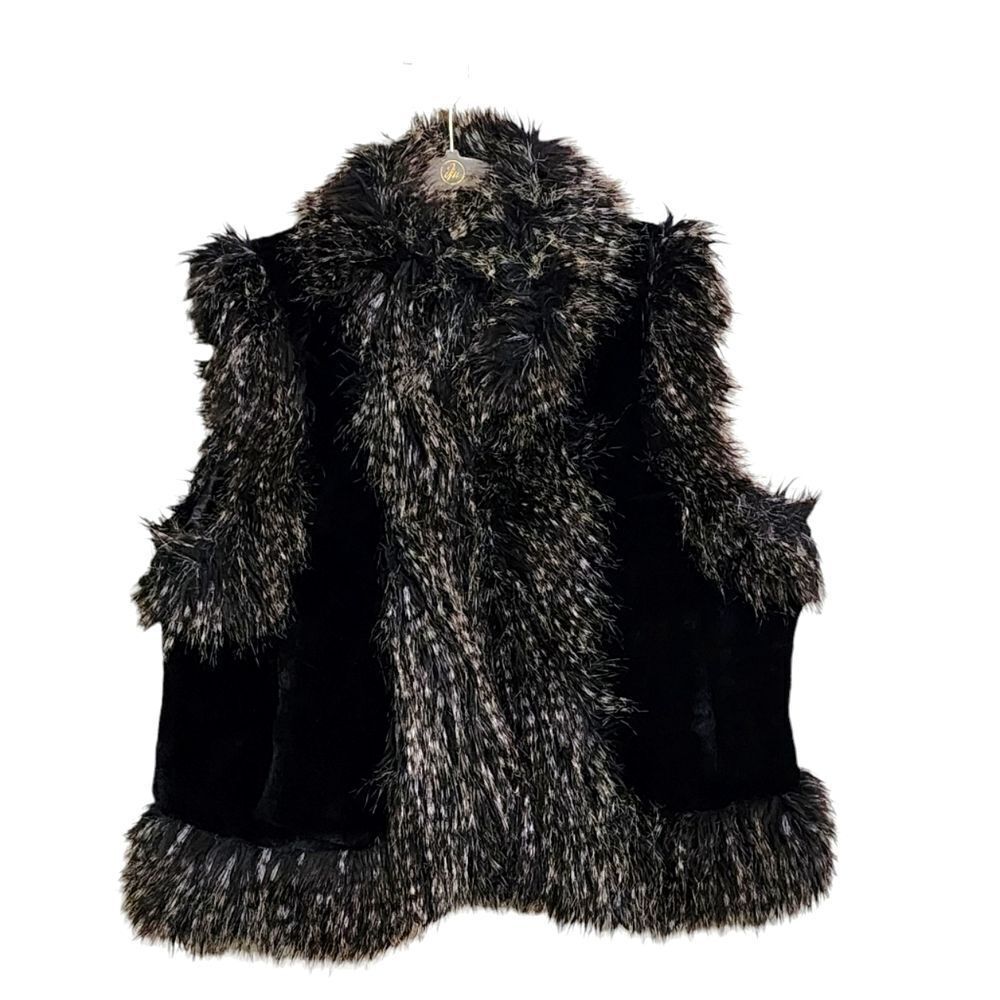 Parkhurst Outdoor Edition black & gray faux fur vest Mob Wife whimsigoth L